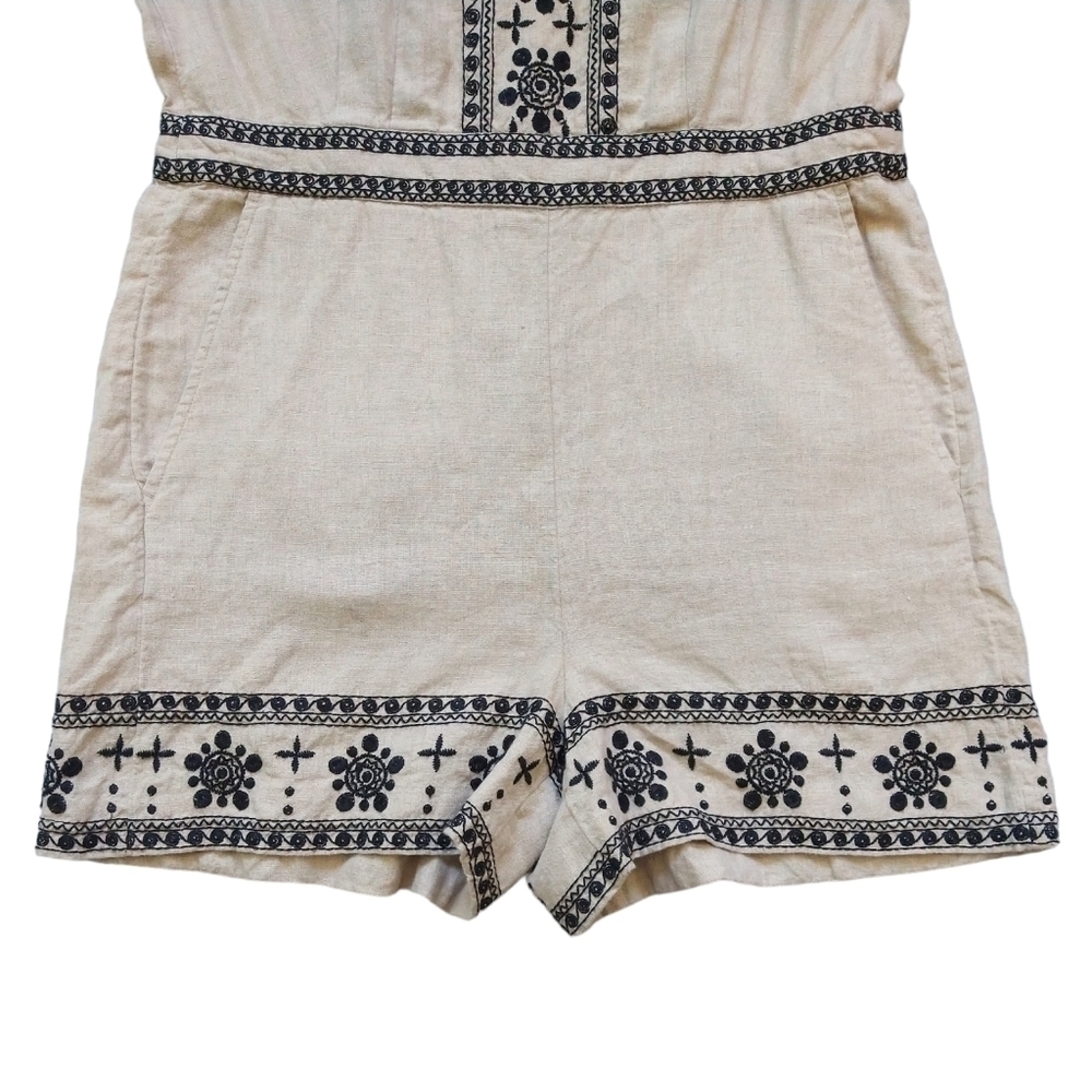 LOFT 100% Linen Khaki Tan Black Embroidered Sleeveless Romper Pockets Boho - Picture 7 of 13